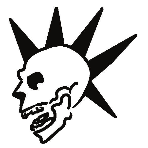 Outline of a skull with a spiked sunburst behind it.