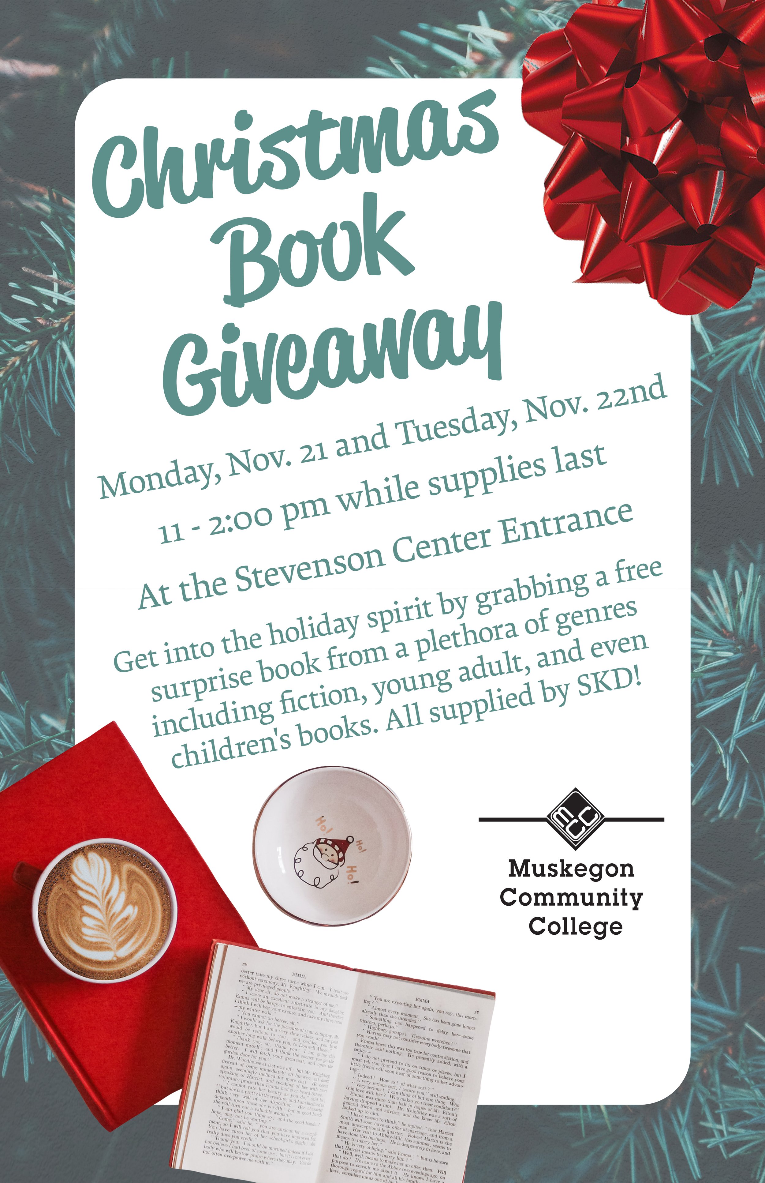 Flyer for a Christmas book giveaway with images of coffee cups on a red table, and a book, with a background of Christmas tree branches and a red bow.