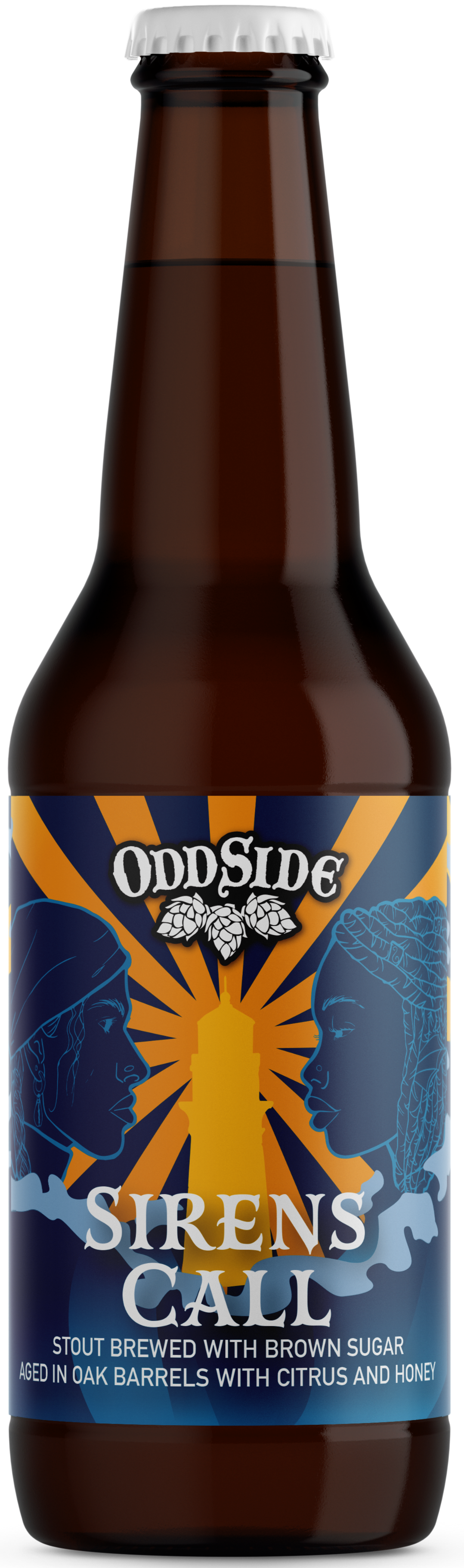 A brown glass beer bottle with a colorful label featuring two women's profiles facing each other with a lit candle or torch between them, surrounded by rays and hops. The label reads "Odd Side Sirens Call" and describes the brew as a stout aged in oak barrels with citrus and honey.
