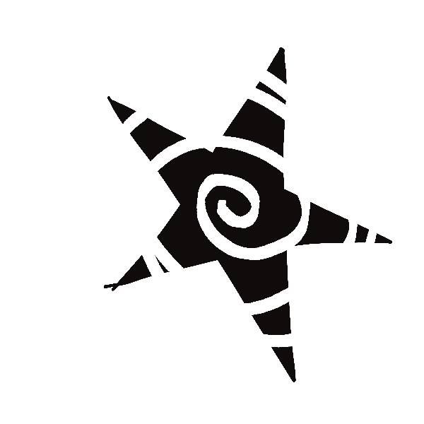 Black and white illustration of a star with a swirl in the center and stripes on each point.