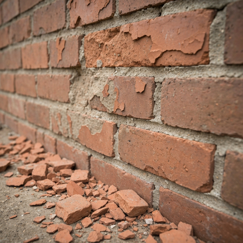 winter damaged brick wall with cracks and flaking