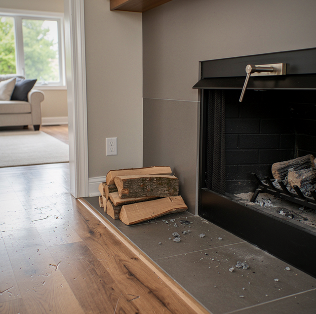 A fireplace with black interior and stacked firewood on the hearth, with a doorway and window visible in the adjacent beige r