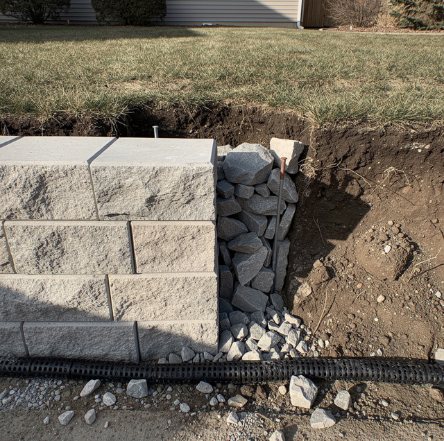 Three retaining walls with wet soil pushing behind them