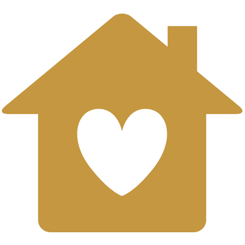 Gold house-shaped icon with a heart cutout in the center.