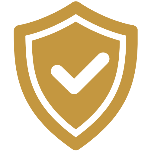 Gold shield with black outline and a black checkmark in the center.