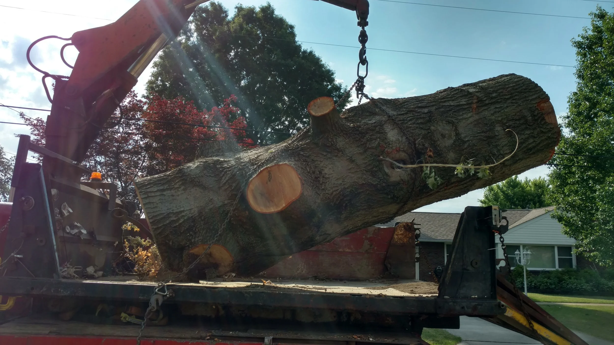 Bucket truck lifting large downed tree trunk for log removal and hauling by R.P.W. Contracting – affordable tree service in Jeannette, PA
