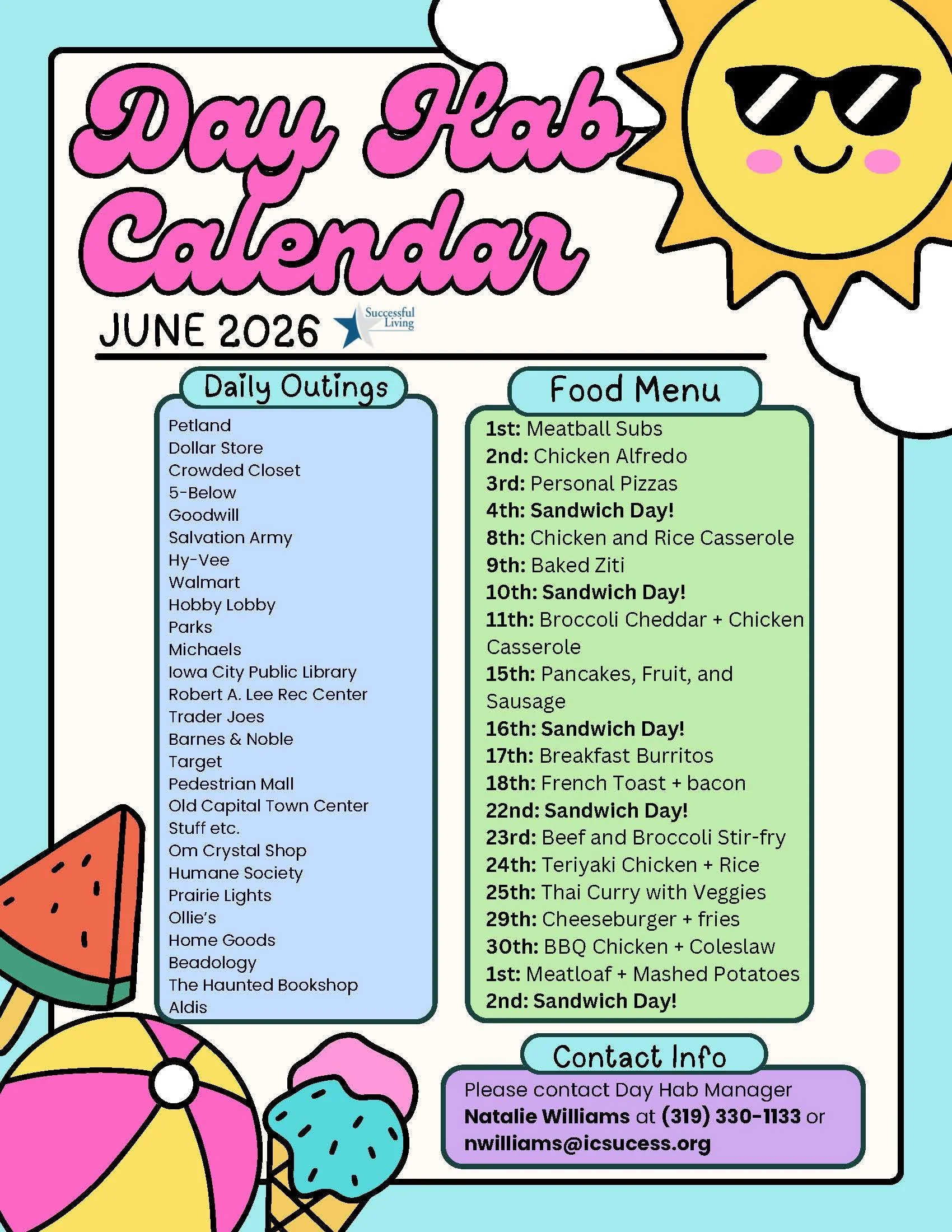 A colorful calendar for Day Hab in June 2026, listing daily outings and food menus, with illustrations of a smiling sun wearing sunglasses, and fun icons like watermelon, ice cream, and flowers.