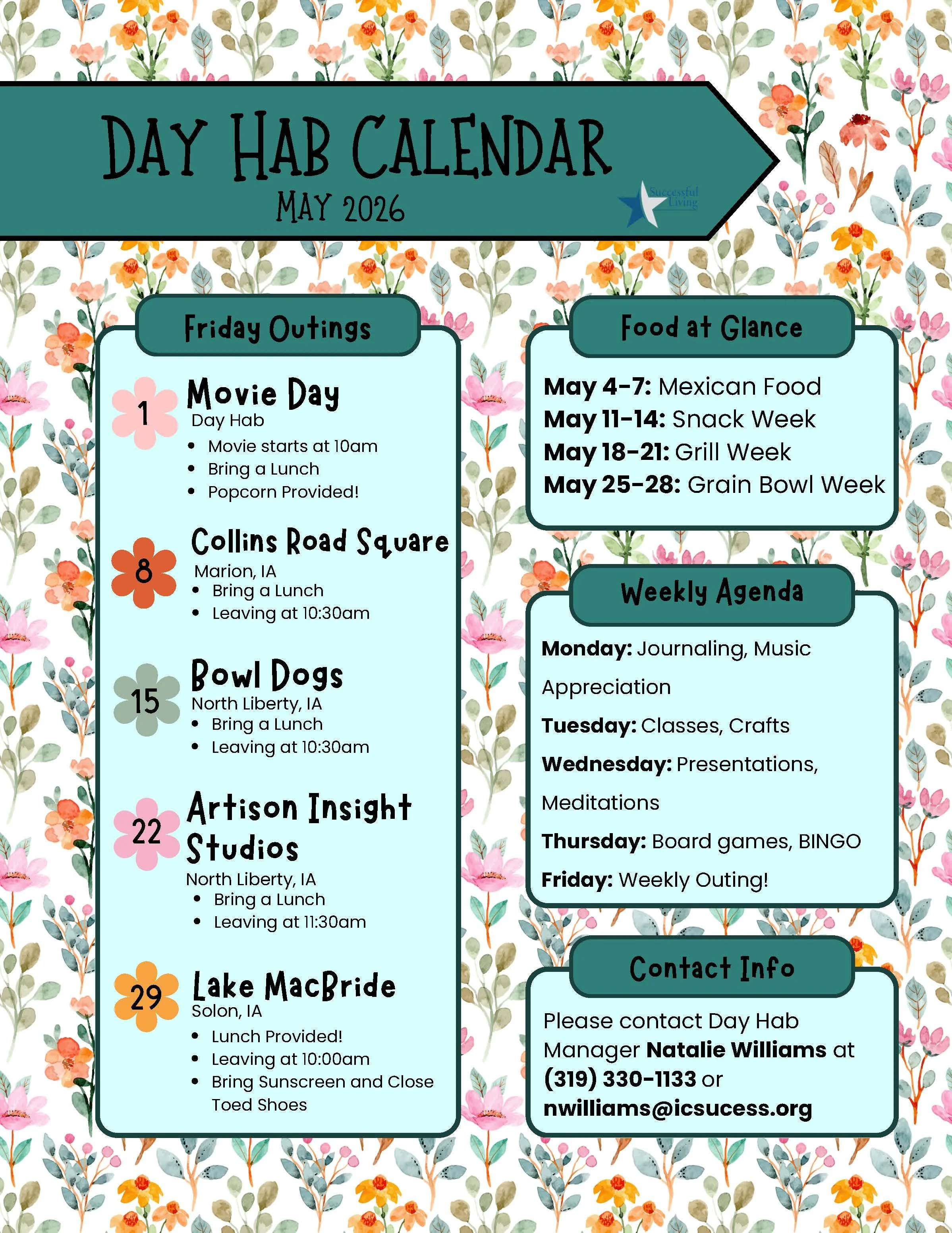 Calendar for Day Hab activities in May 2026 featuring floral background with sections for events, snack weeks, and contact info.