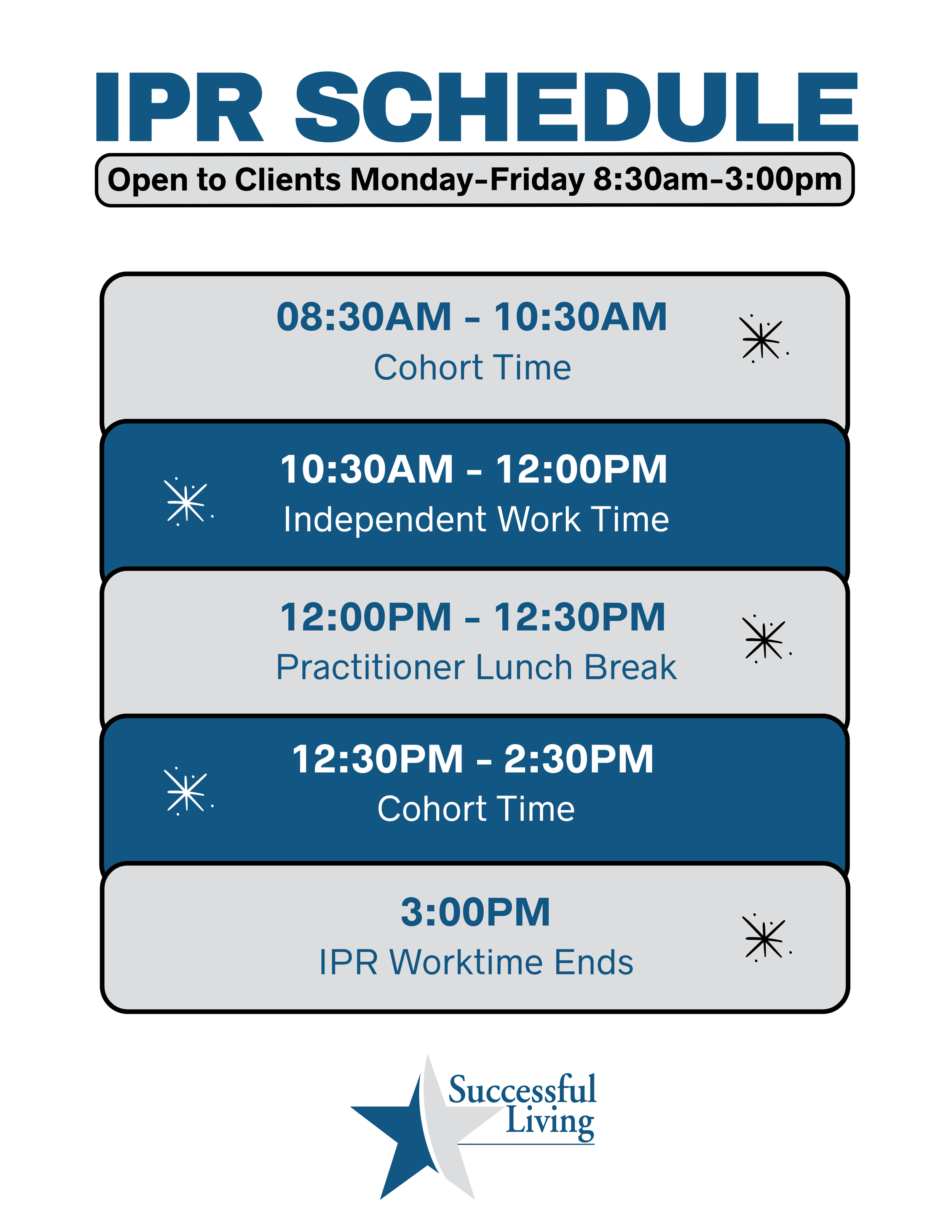 Schedule for an IPR workshop, with time slots from 8:30 am to 3:00 pm, including cohort time, independent work, practitioner lunch break, and workshop ends, with decorative star icons.