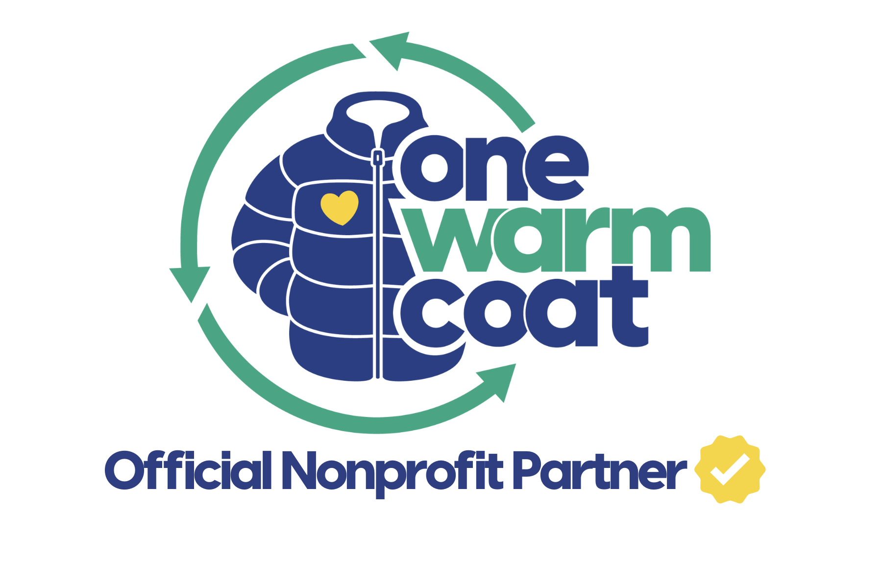 Logo for One Warm Coat showing a navy blue puffer coat with a yellow heart, encircled by green arrows, with the words 'one warm coat' and 'Official Nonprofit Partner' and a yellow badge with a checkmark.