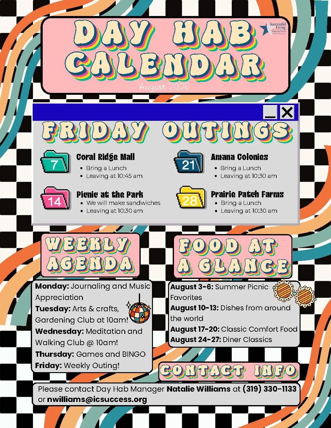 Colorful illustrated calendar for August 2026 with Weekly Agenda, Food at a Glance, and Friday Outings for a Day Hab program, featuring various themed graphic decorations and contact information.
