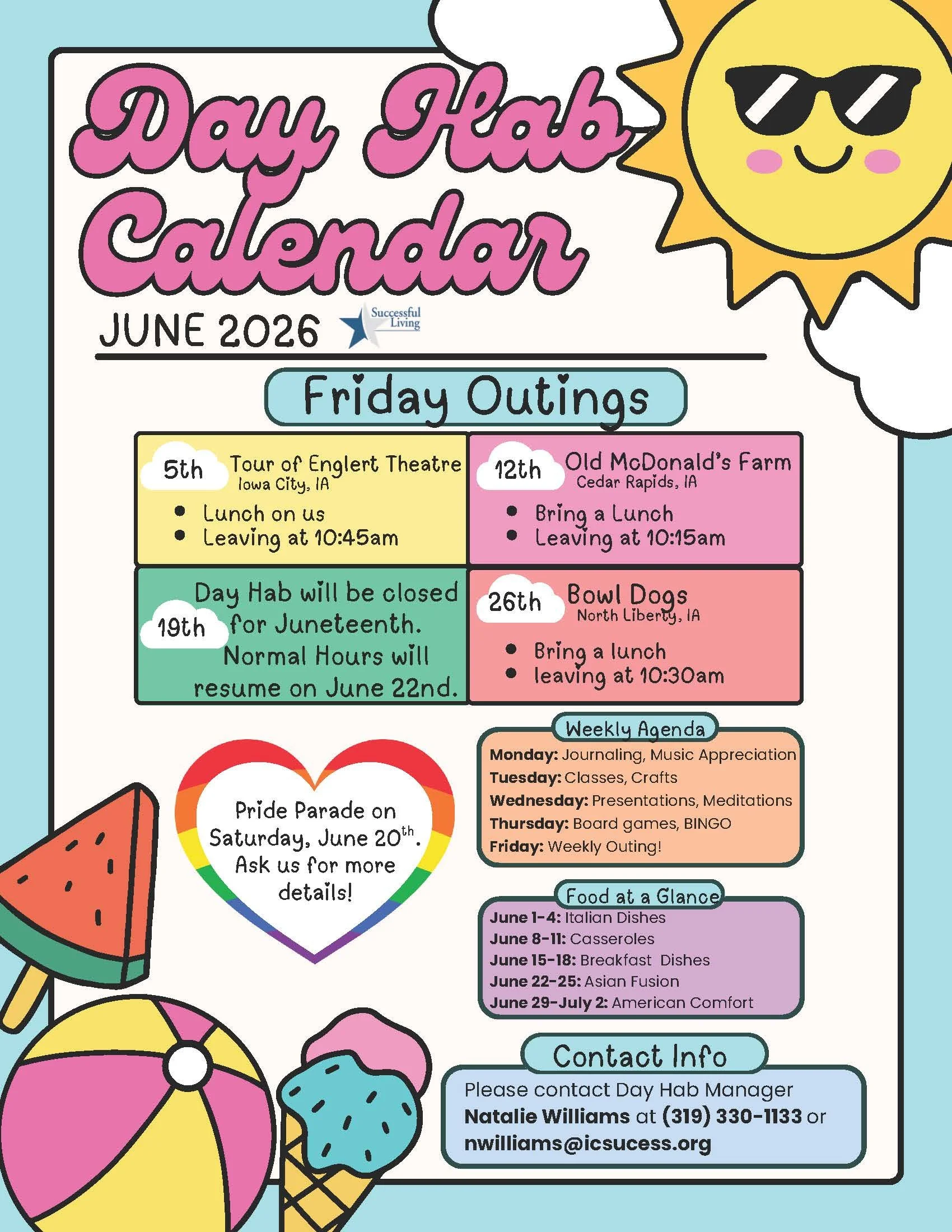 A colorful, illustrated flyer for a June 2026 Day Hab calendar with scheduled Friday outings, including a tour of Englert Theatre, Old McDonald's Farm, and Bowls Dogs, along with weekly agenda and food at a glance. The flyer features a smiling sun with sunglasses and various summer-themed illustrations.