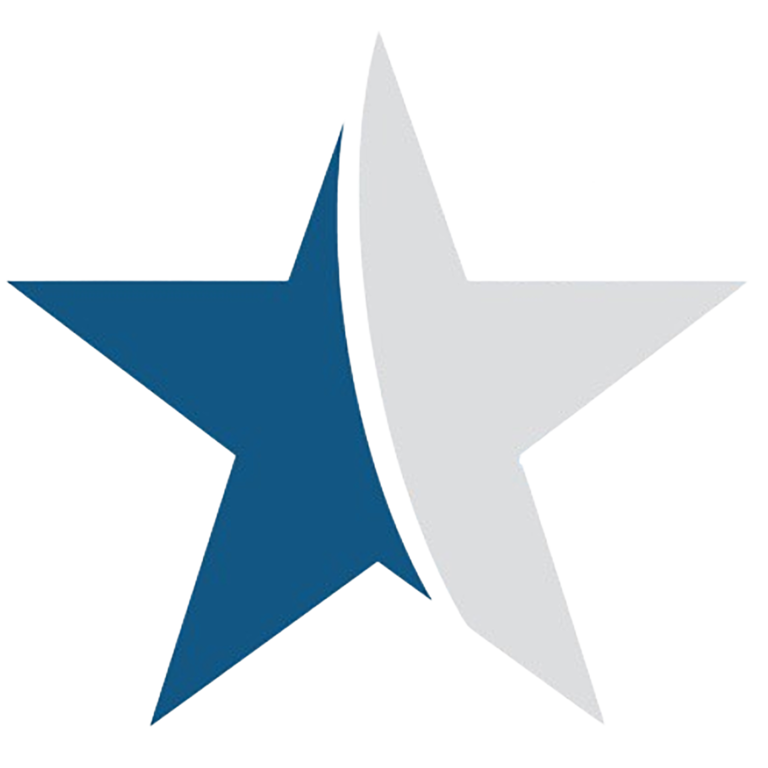 A digital illustration of a silver star overlapping a blue star on a black background.