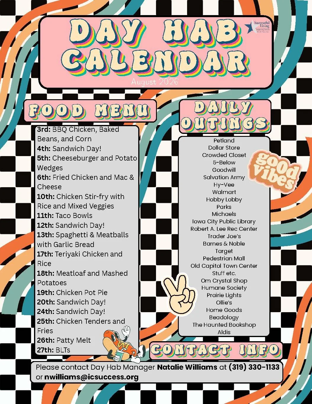 A colorful community calendar poster for Day Hab in August 2026, listing daily food menus and outing locations, with a vibrant design including rainbow text, checkered background, and cartoon characters.