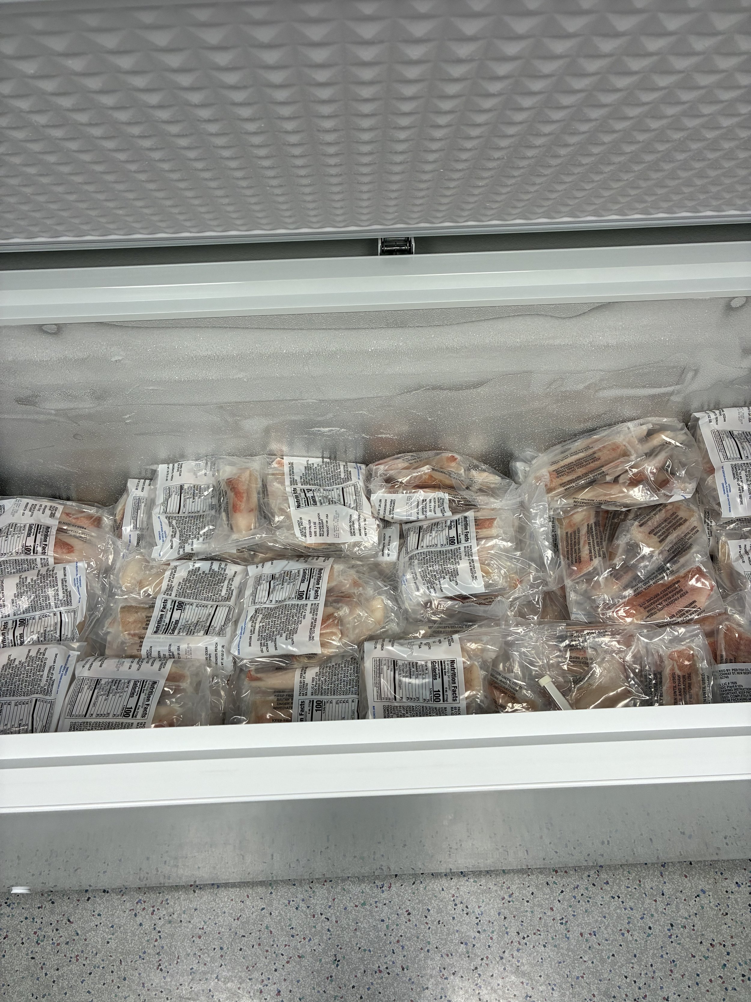 Frozen chicken breasts in vacuum-sealed packaging inside a freezer.