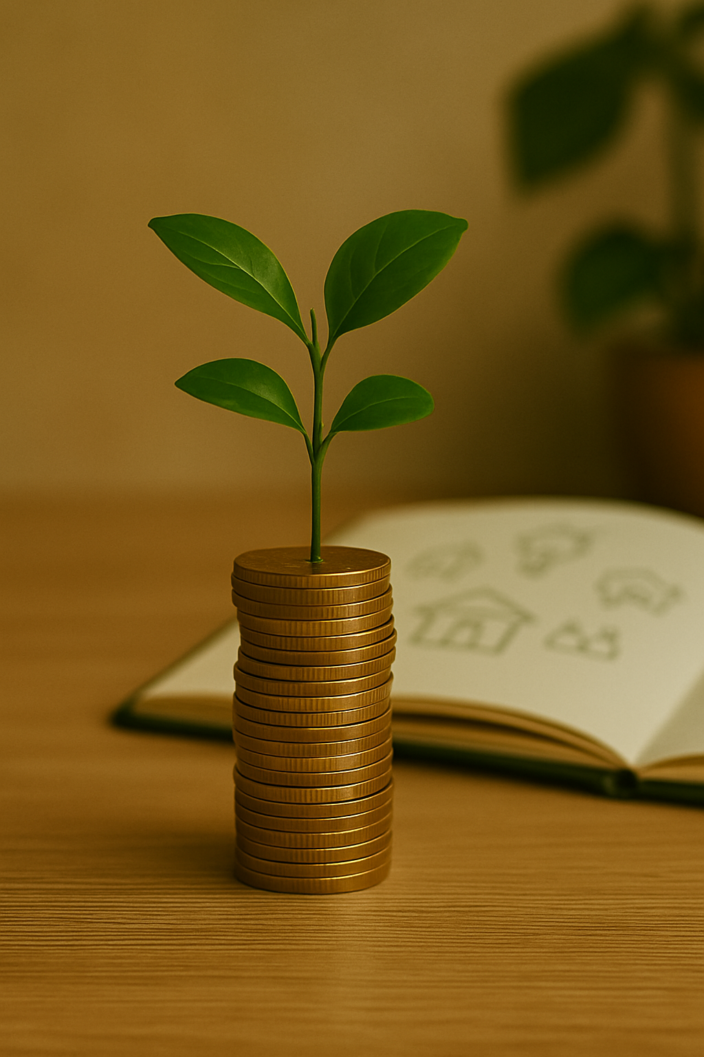 Stack of gold coins with a small green plant growing from the top, in front of an open book on a wooden surface.