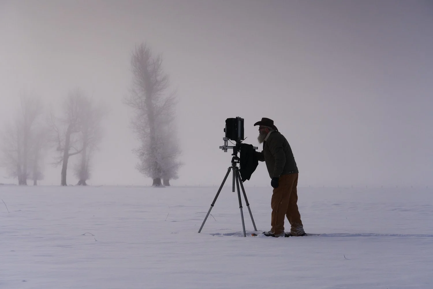 Man taking a photograph in a snowy landscape with trees in the background foggy weather
