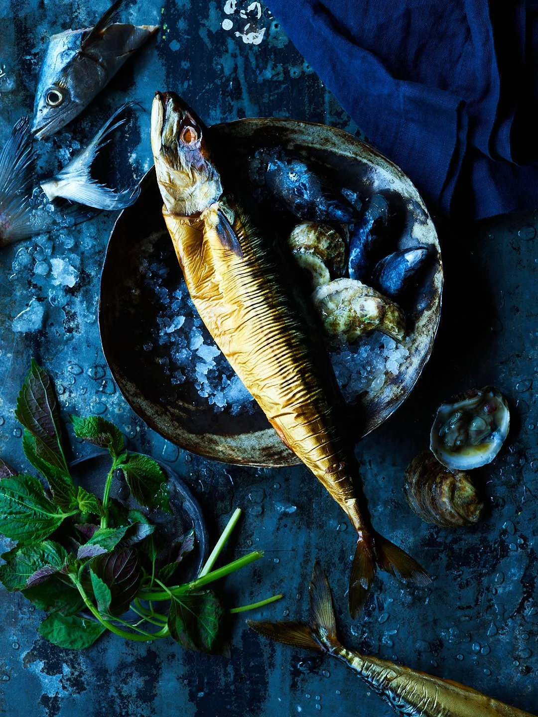 Fresh fish and shellfish on ice with herbs on a dark surface.