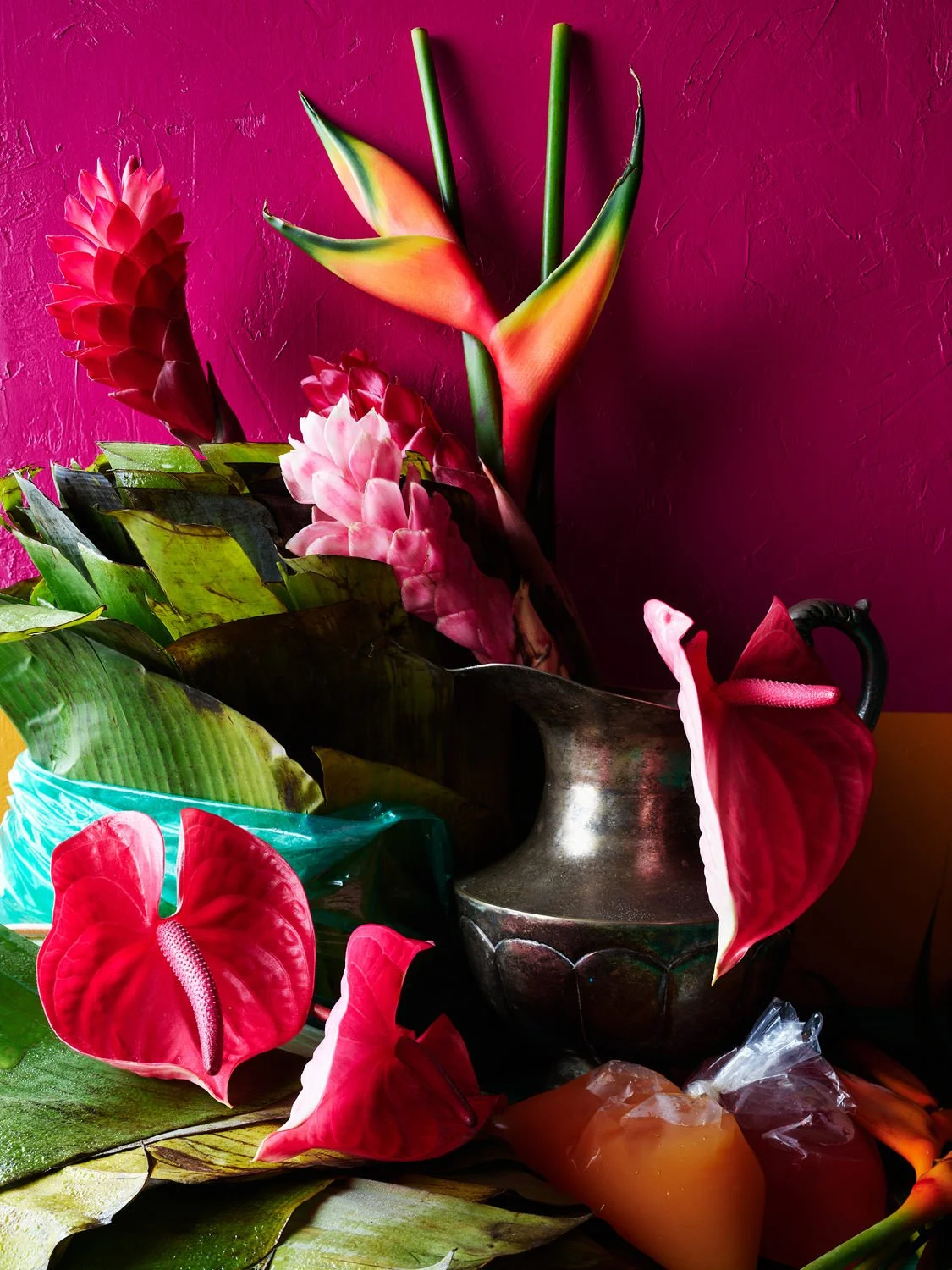 Colorful arrangement of tropical flowers, including pink anthuriums and pink ginger flowers, in a metallic vase against a dark pink textured background.