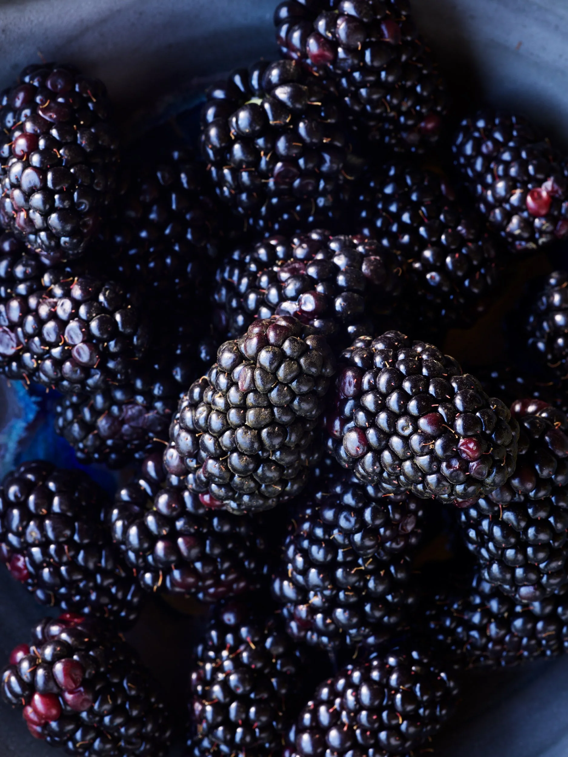 Close-up of ripe blackberries in a bowl.