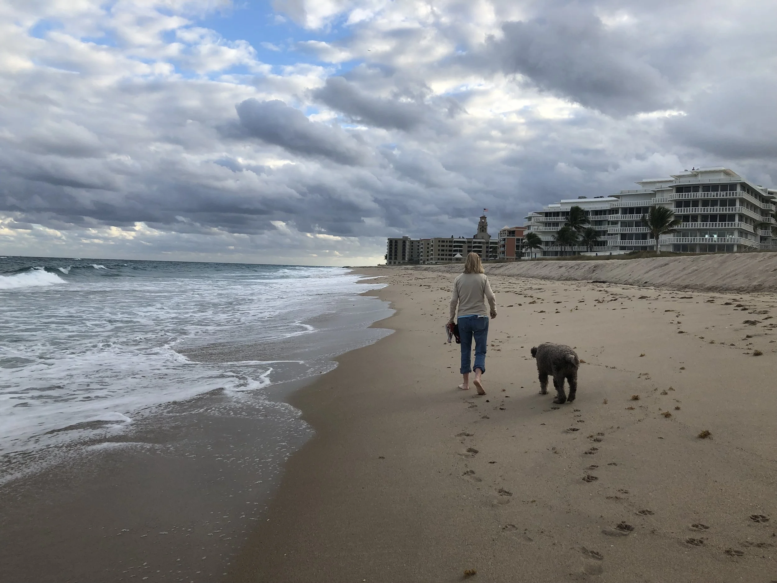 A woman walking barefoot on a sandy beach with her dog, near water, with cloudy sky and large buildings in the background.