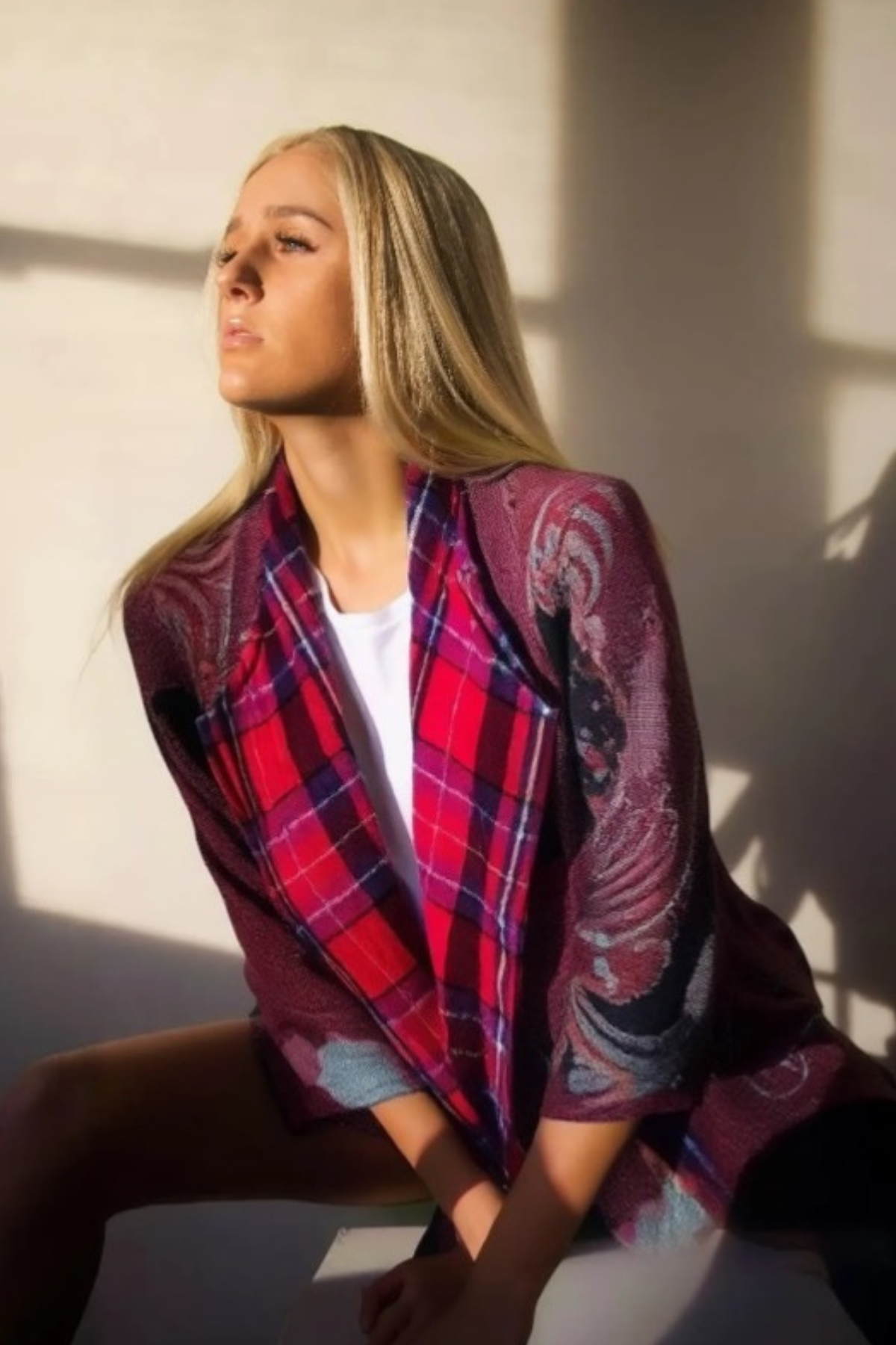 Casual equals fun when wearing this imaginative jacket blending plaid and floral by Anu of Natural.