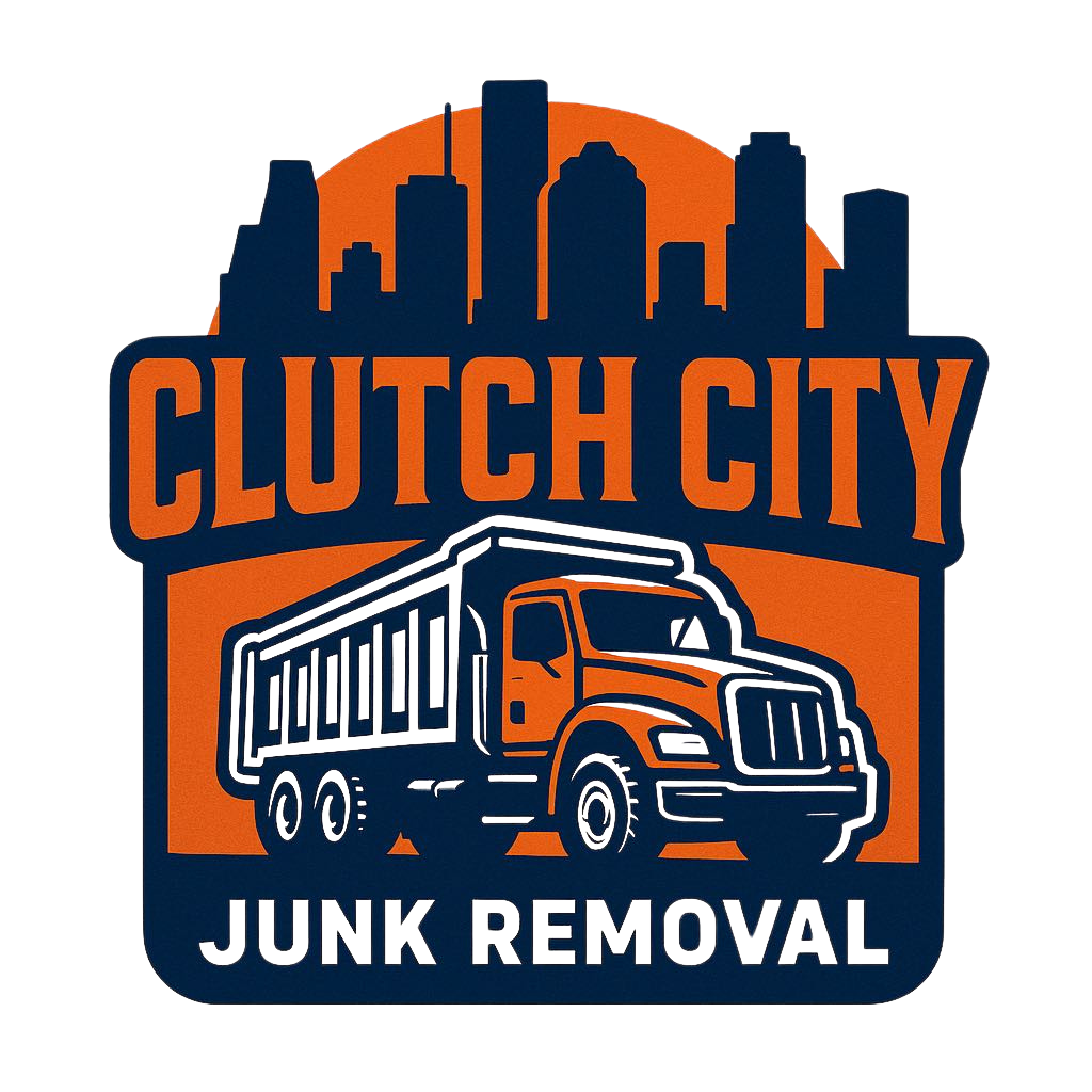 Logo for Clutch City Junk Removal featuring a city skyline, an orange sunshine, and a large truck.