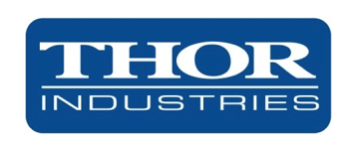 Logo of Thor Industries with blue background and white text.