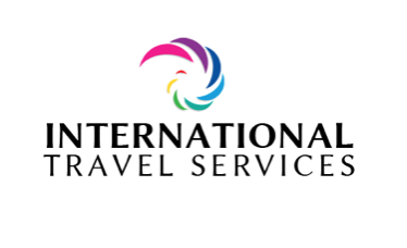 Logo for International Travel Services featuring a colorful spiral design above the company name