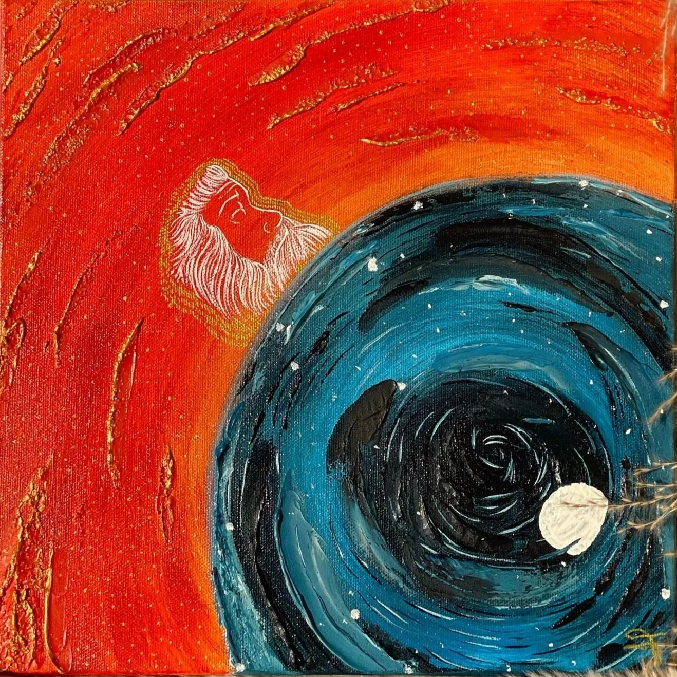 Peinture représentant un homme avec une longue barbe, regardant un tourbillon d'eau, avec un ciel rouge en arrière-plan.