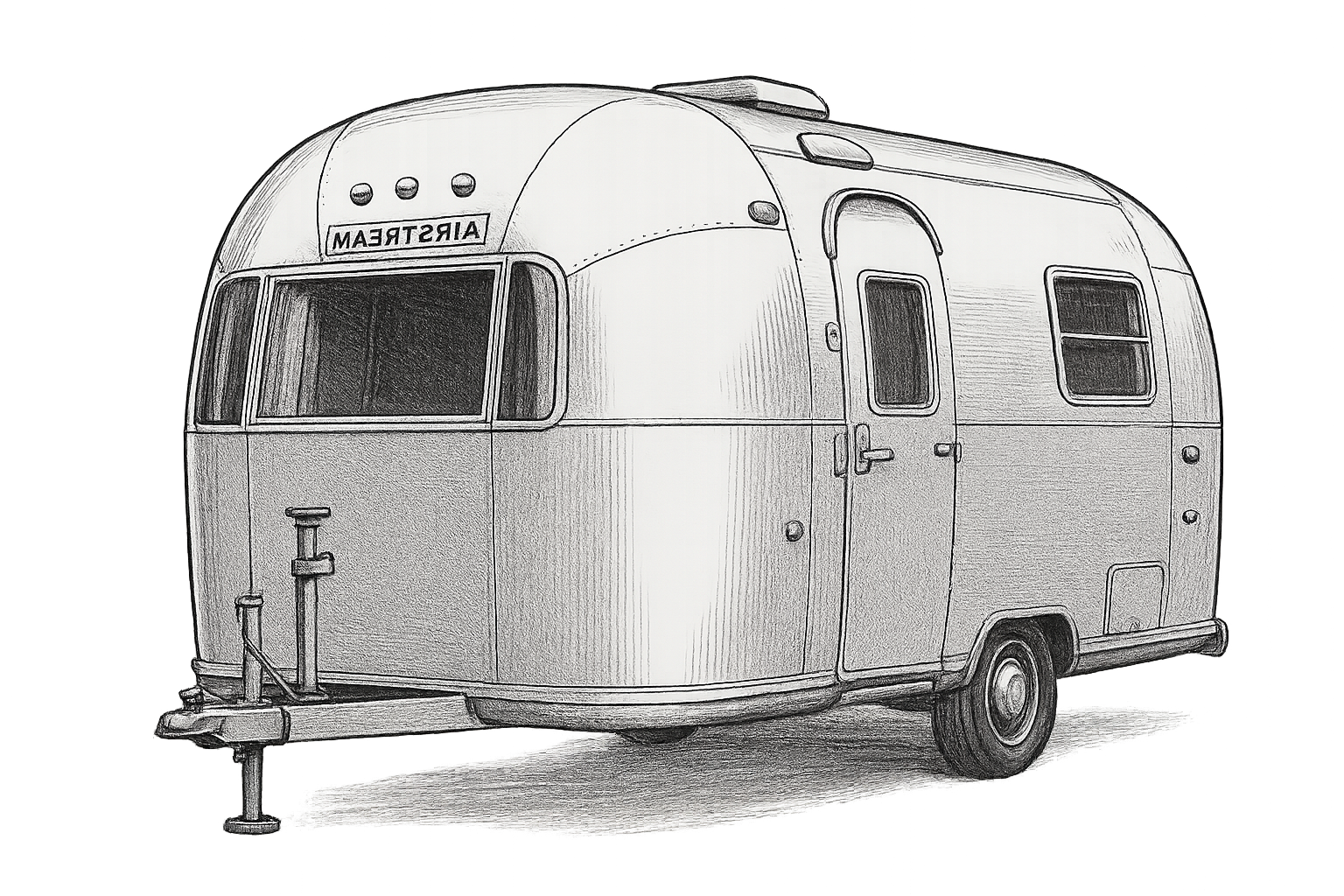 Skizze eines klassischen Wohnwagens mit rechteckigen Fenstern und Tür, Beschriftung "AIRSTREAM" oben an der Frontseite.