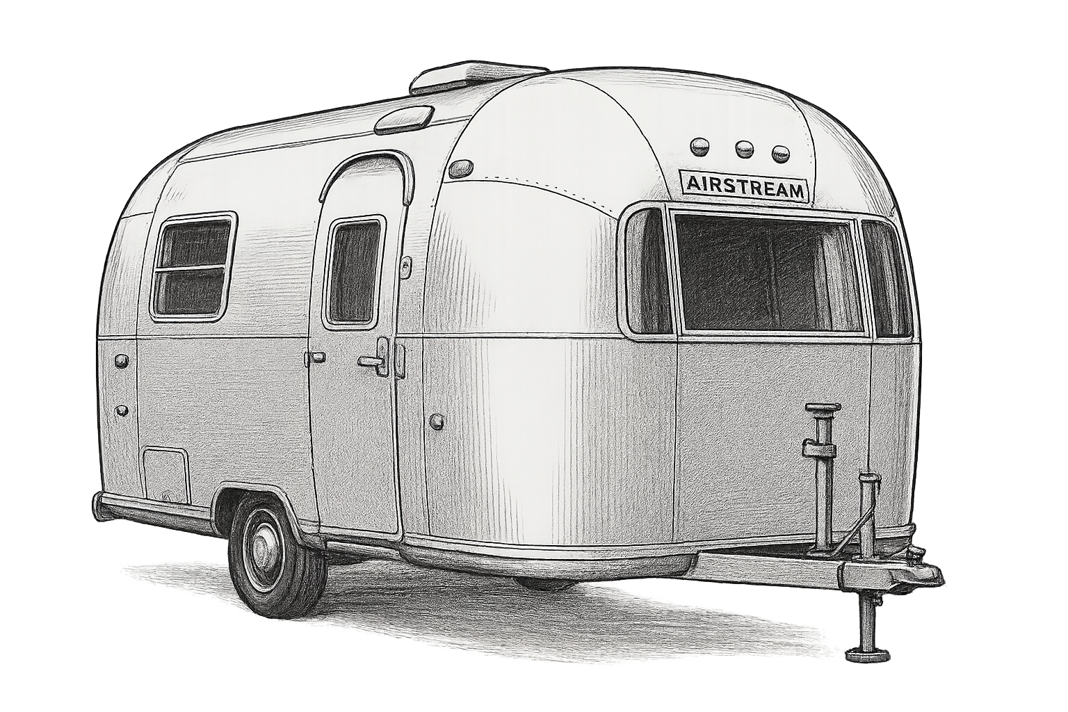 Schwarz-weiß-Zeichnung eines Airstream-Reiseanhängers mit abklappbarem Ständer an der Frontseite.