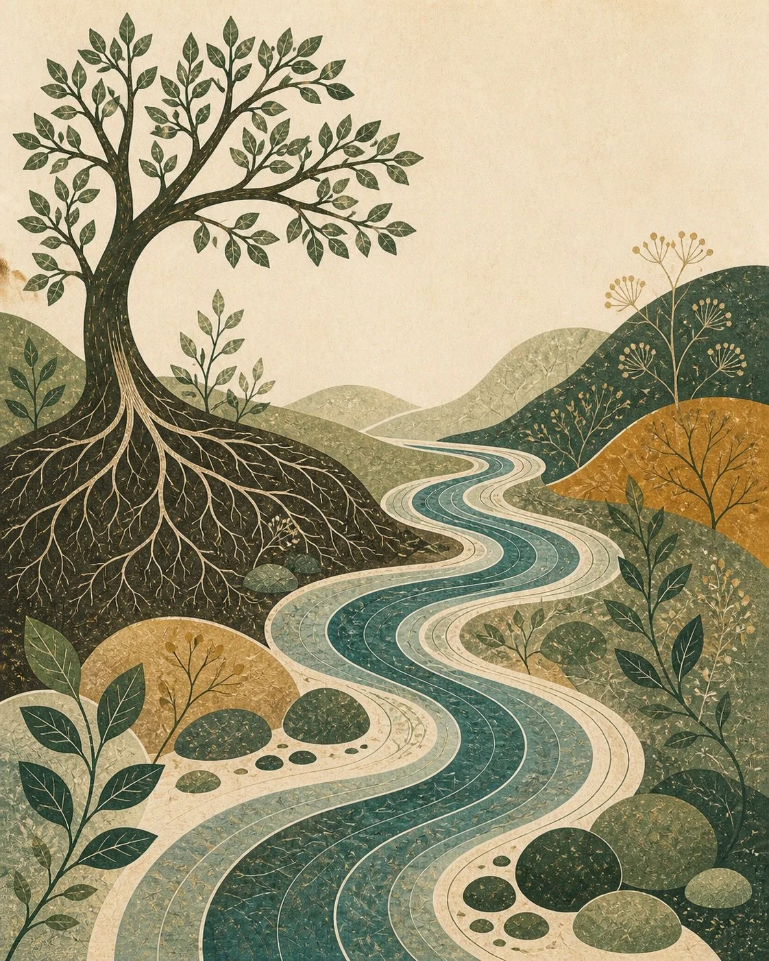 A rooted tree beside a winding river flowing through layered hills and plants