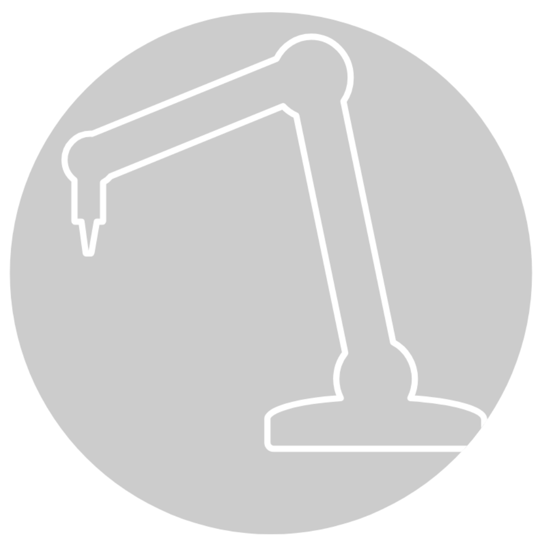 Outline of a robotic arm on a gray circular background.