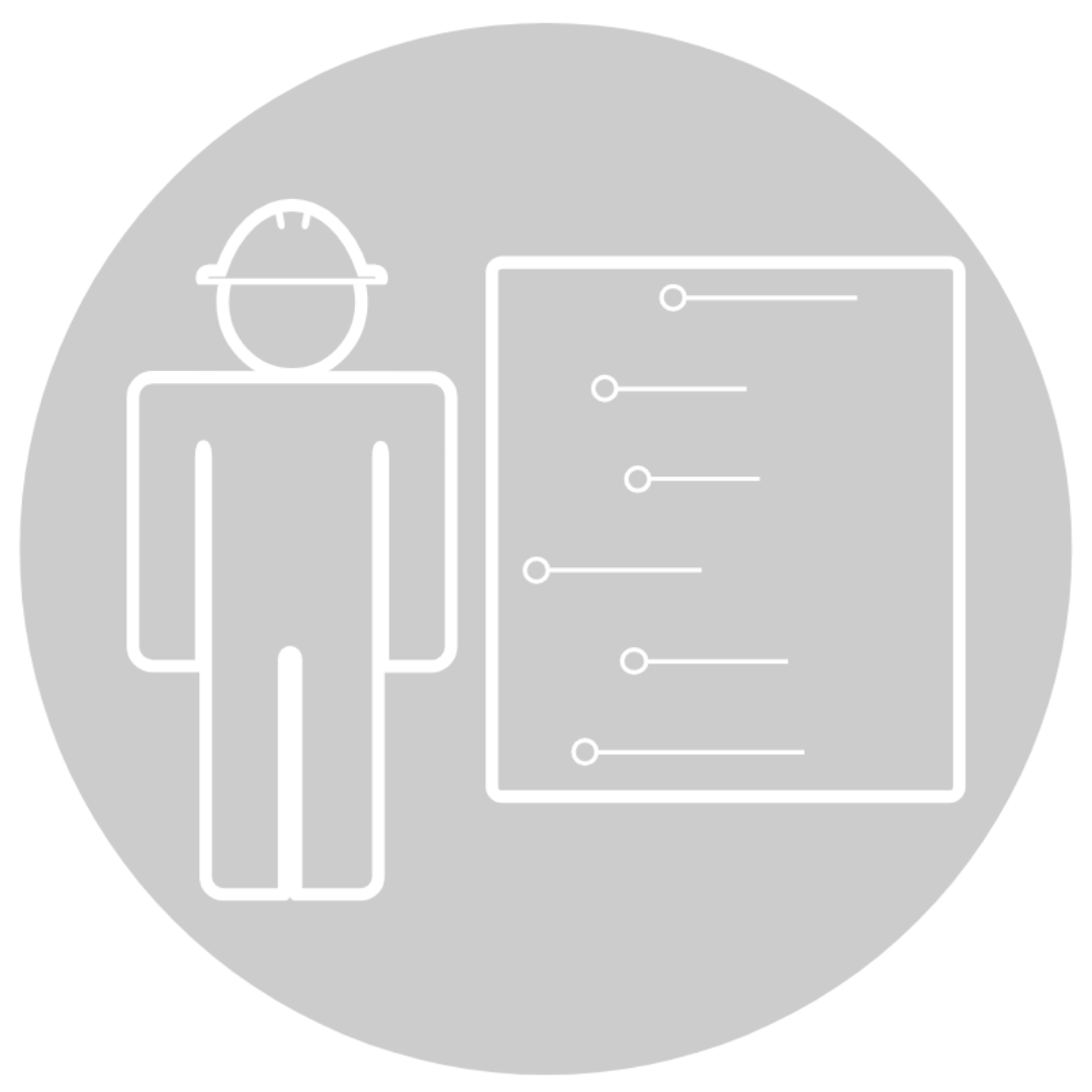 Outline of a person wearing a hard hat next to a control panel with switches.