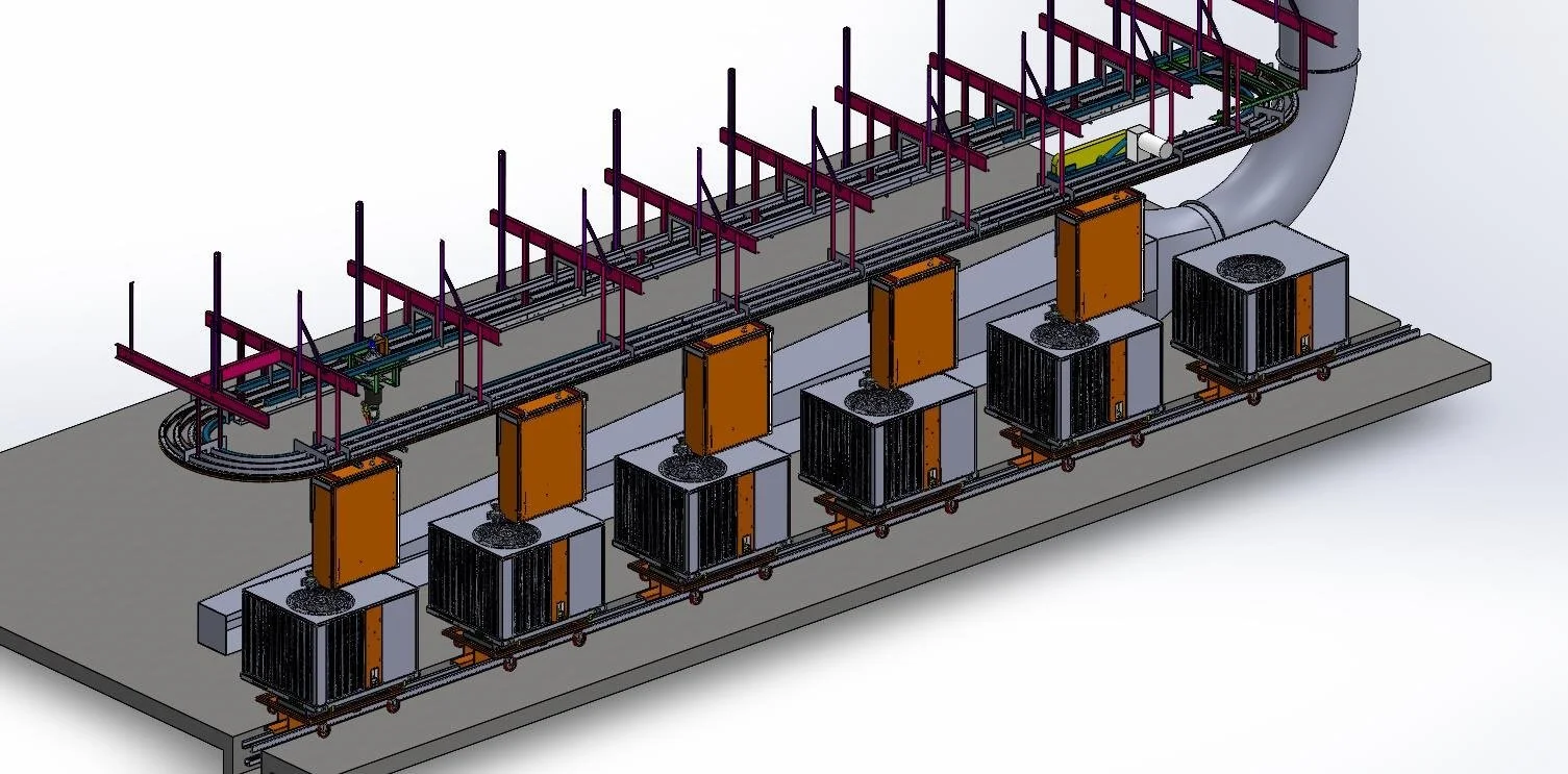 3D model of an HVAC functional run test loop with packaged air conditioning units on carriers, overhead run test panels on a power-only conveyor, and exhaust ductwork