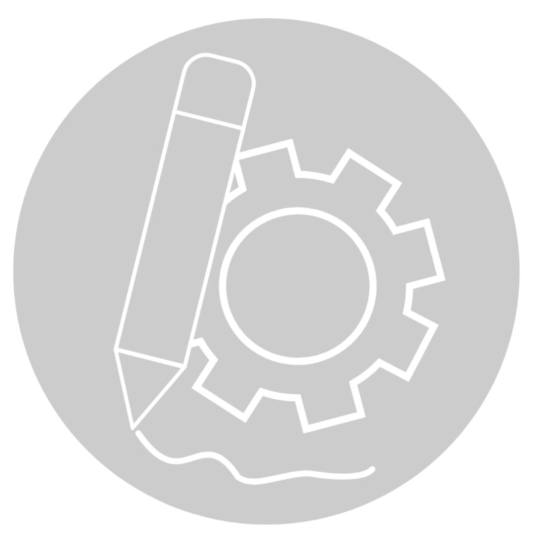 Icon of a pencil, gear, and paper on a circular gray background.