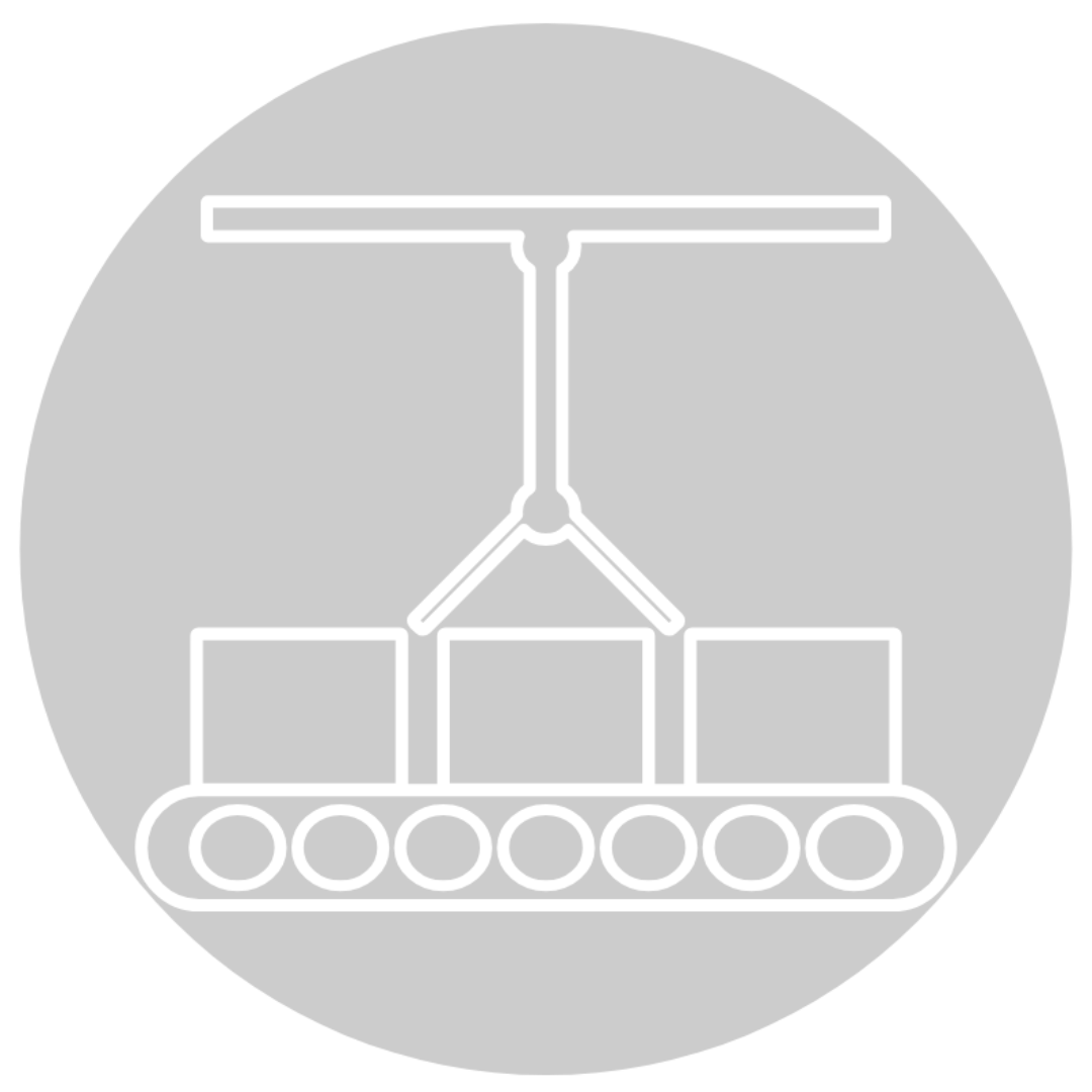 A line drawing of a conveyor belt with boxes being moved, a robotic arm, and an overhead structure.
