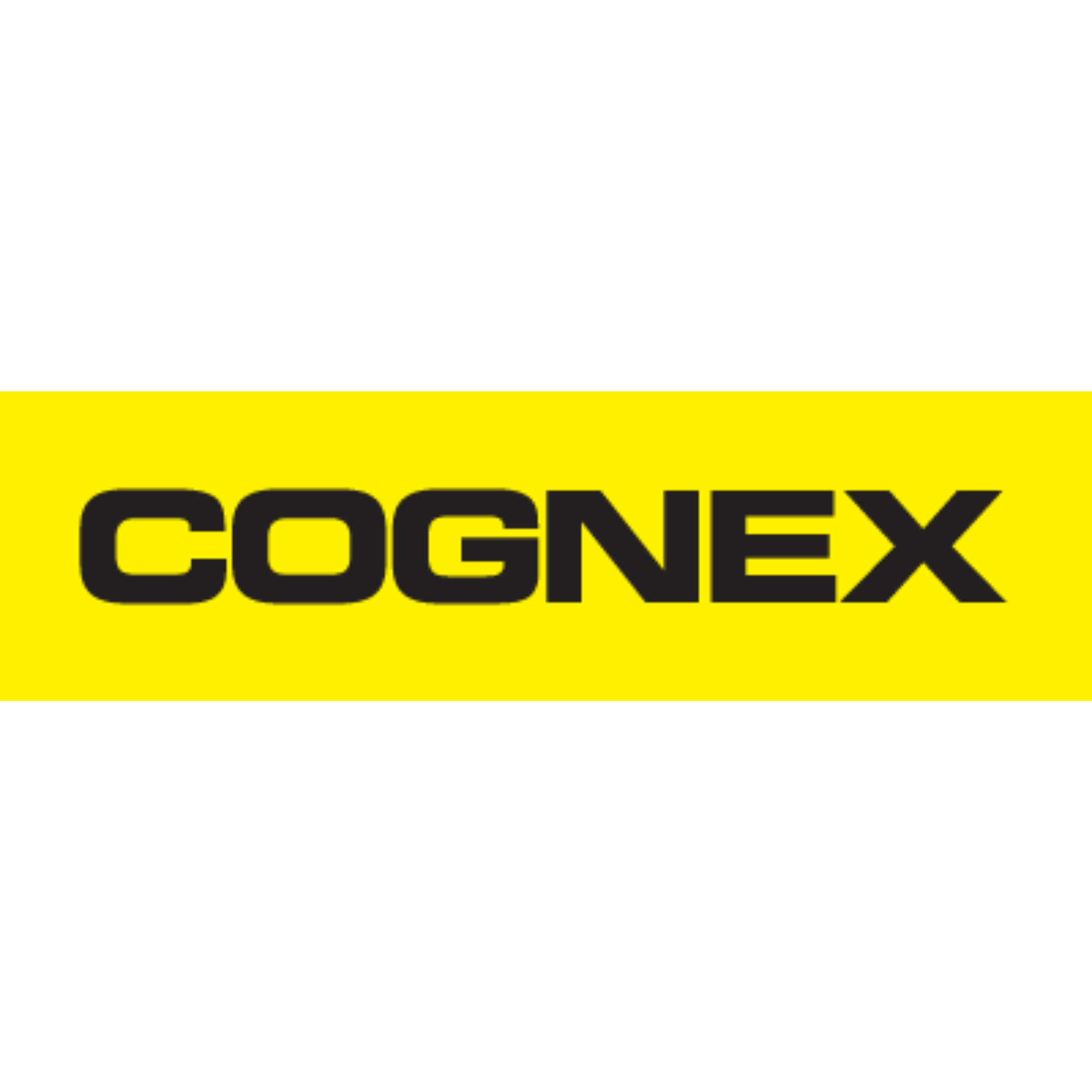 Logo with black and yellow background and the word 'COGNEX' in bold black letters.