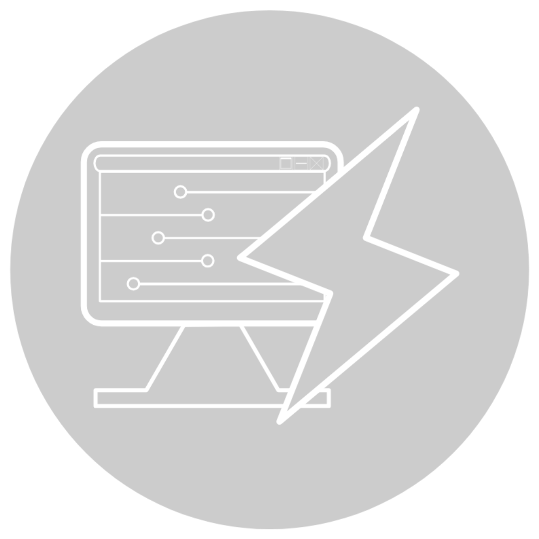 Icon of a computer monitor displaying settings sliders and a lightning bolt.