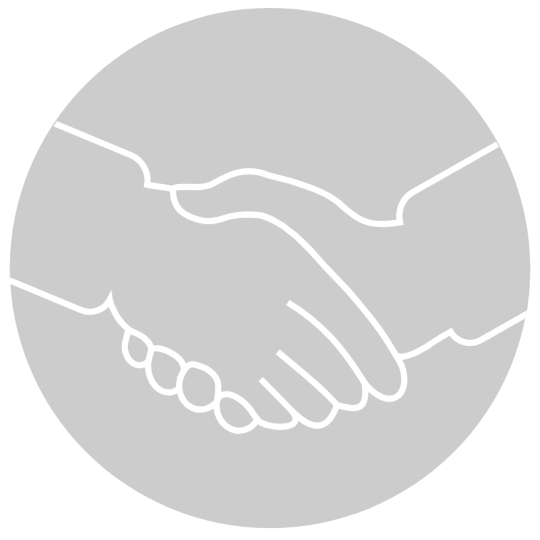 Gray circle featuring a white outline of a handshake between two hands.