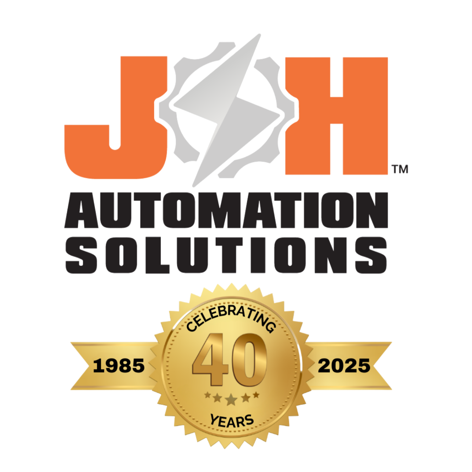 Logo celebrating 40 years of JH Automated Solutions, from 1985 to 2025.