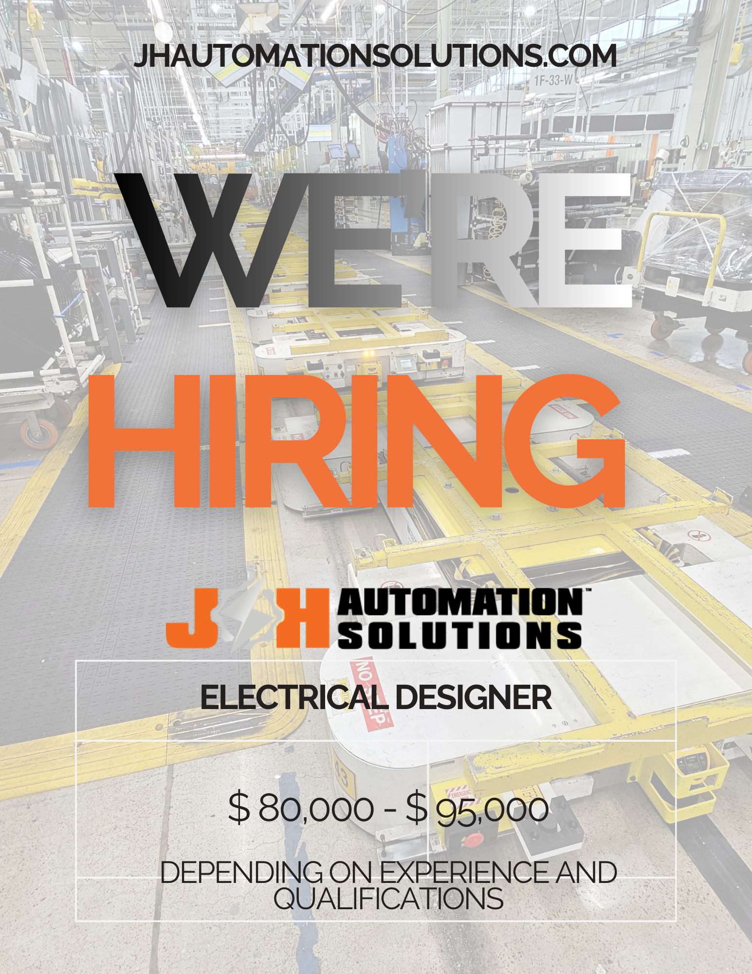 A job recruitment advertisement for an electrical designer position by JH Automation Solutions. The ad features a background image of an industrial or manufacturing setting with equipment, and the text states the salary range of $80,000 - $95,000, de