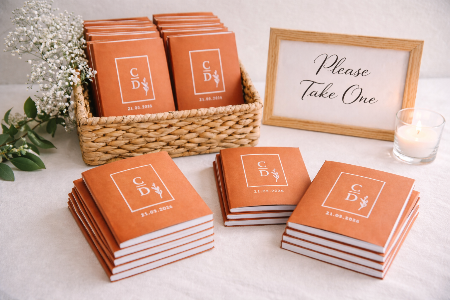 Wedding favor display with personalized notebooks.png