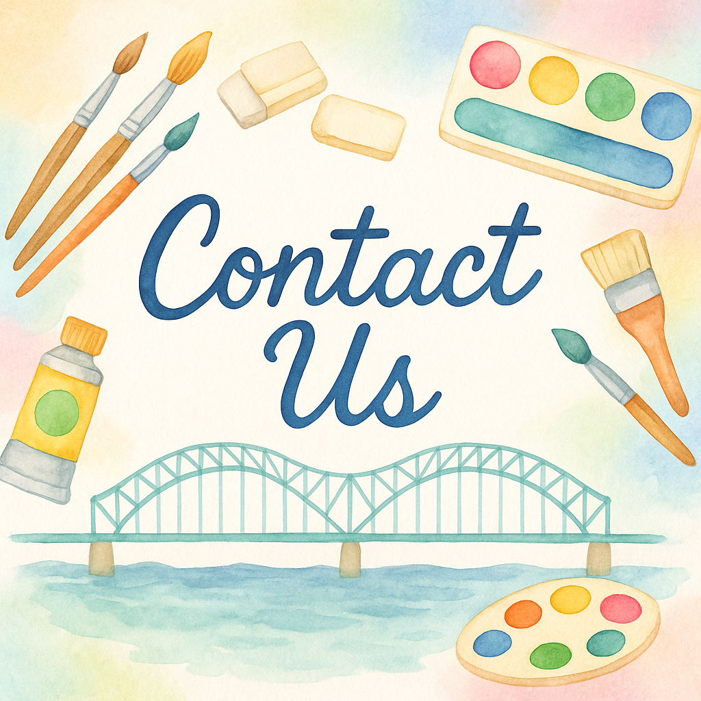 Watercolor illustration of art supplies surrounding the text 'Contact Us' with the Memphis Bridge and Hernando Desoto River under. The supplies include paintbrushes, paint palettes, and tubes of paint, with a bridge and water scene at the bottom.