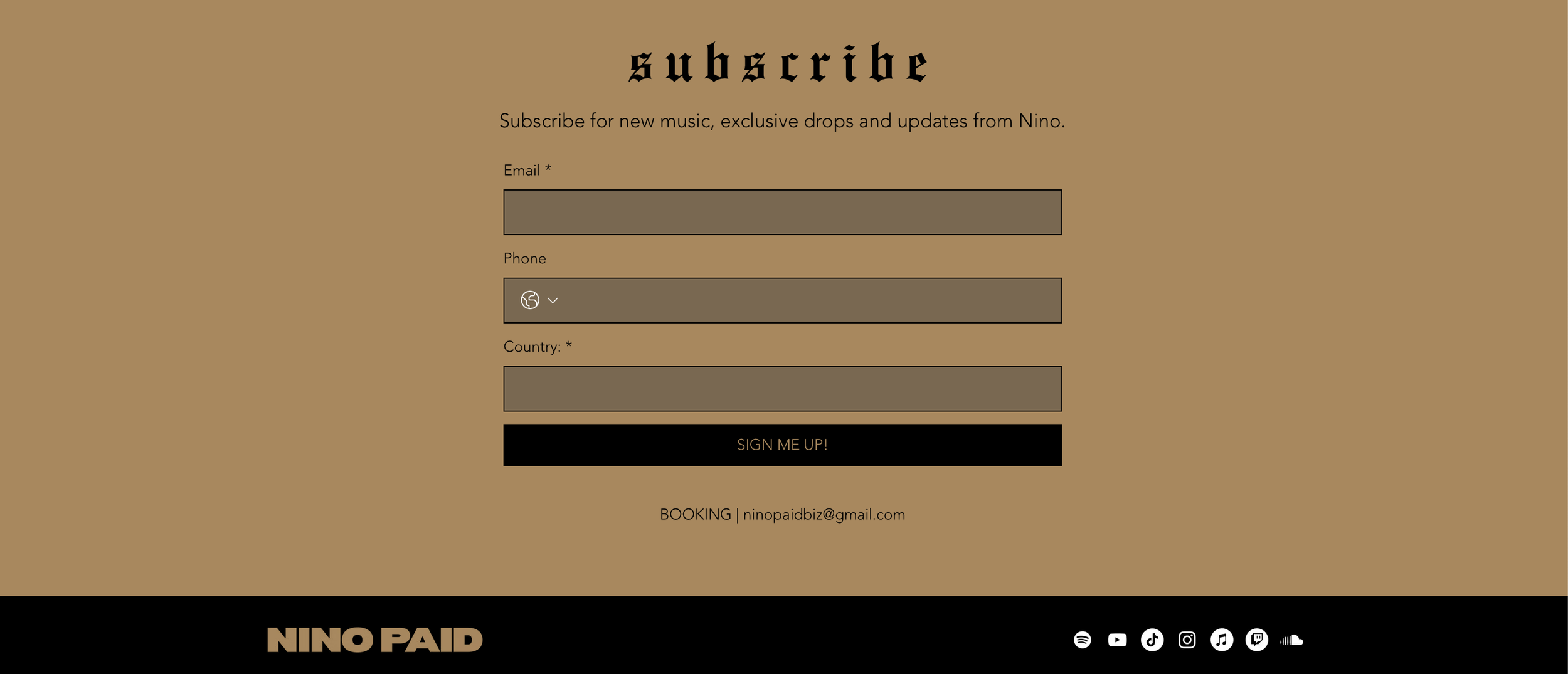 Nino Paid, a rap artist from DMV area, website subscription section