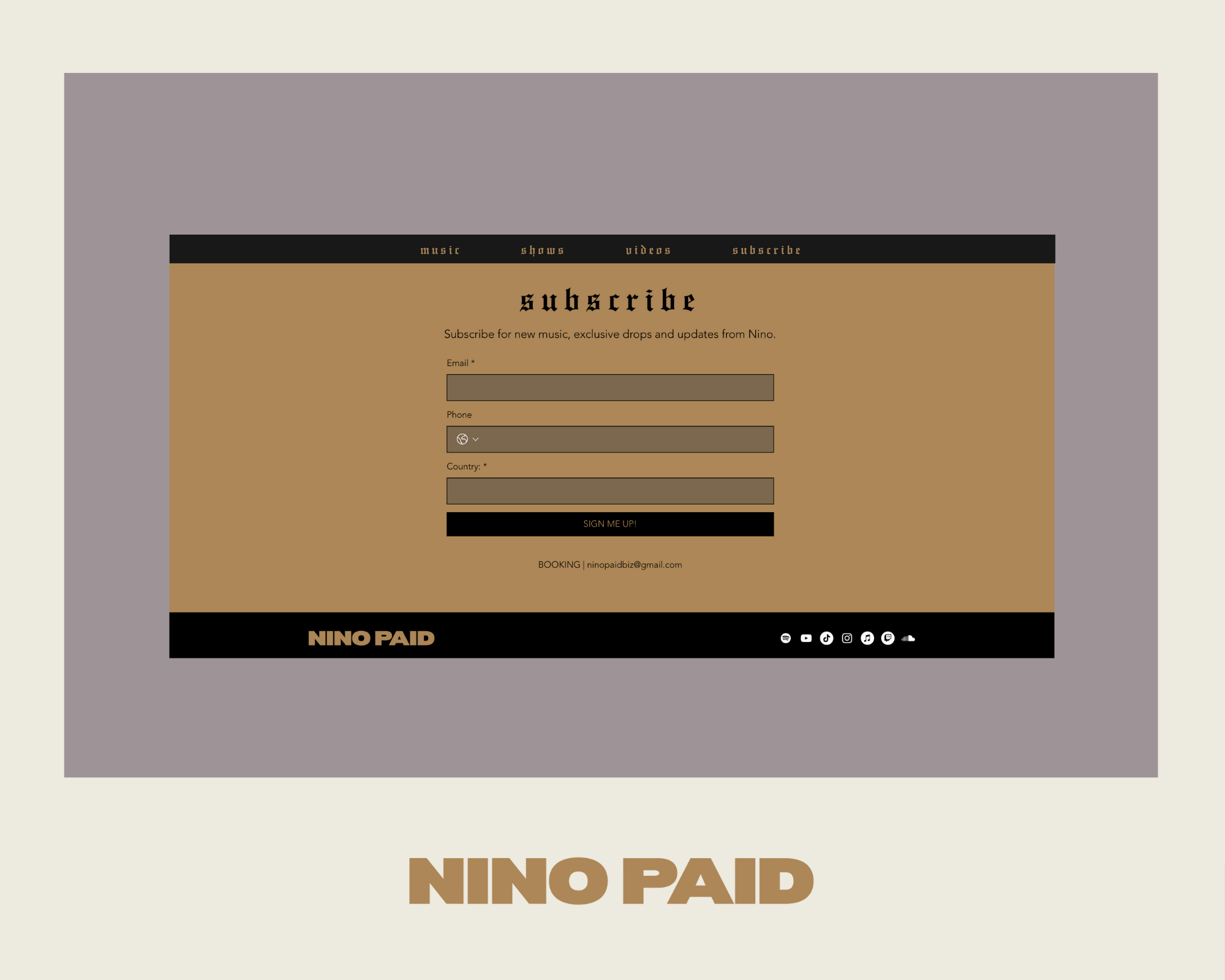 Nino Paid, a rap artist from DMV area, website subscription section