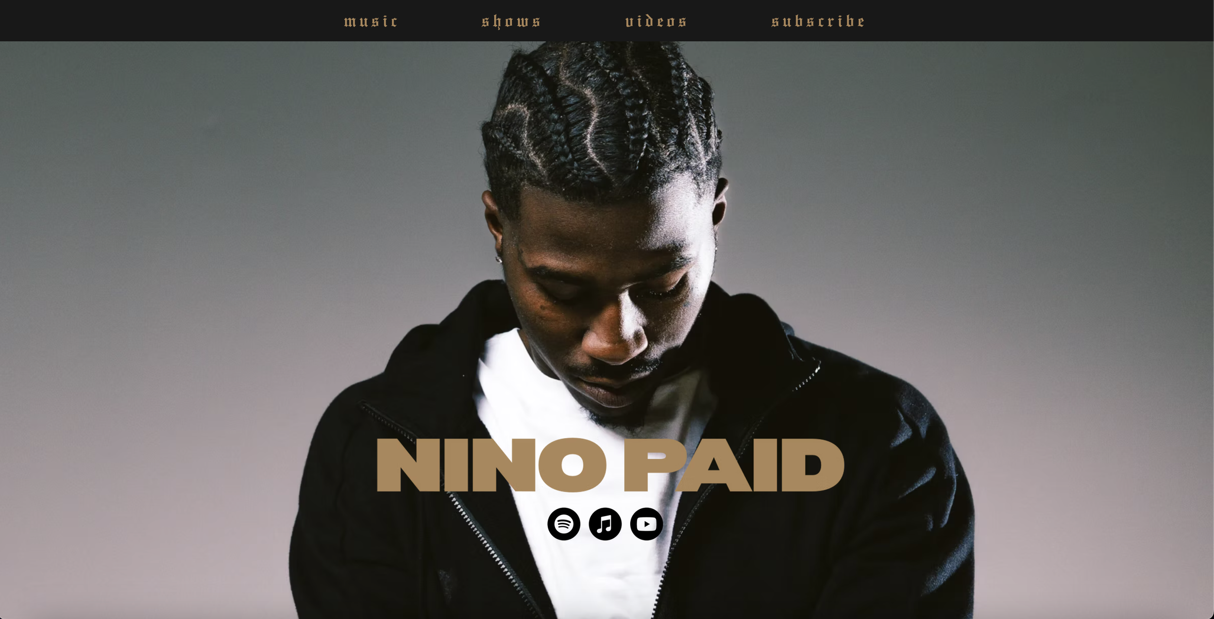 Nino Paid, a rap artist from DMV area, website landing page