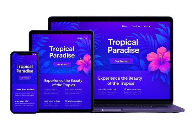 Responsive website design displaying the theme 'Tropical Paradise' on a smartphone, tablet, and laptop, with tropical floral backgrounds and a 'Get Started' button.