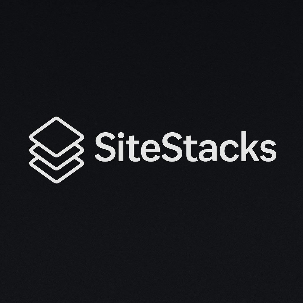 SiteStacks logo with white stacked squares icon on black background and the word "SiteStacks" in white.
